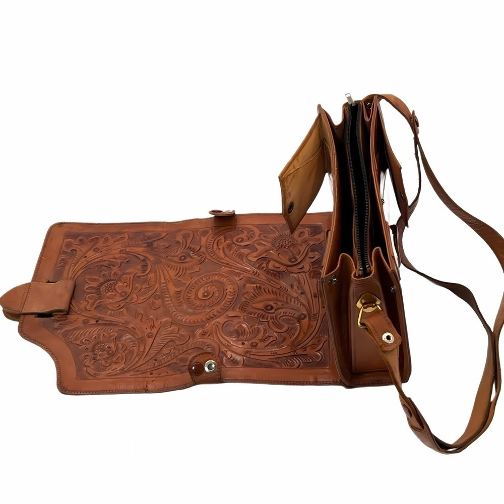 Vintage Mexican Tooled Leather Organizer Crossbody Boho Western Floral Purse Bag - Picture 8 of 13